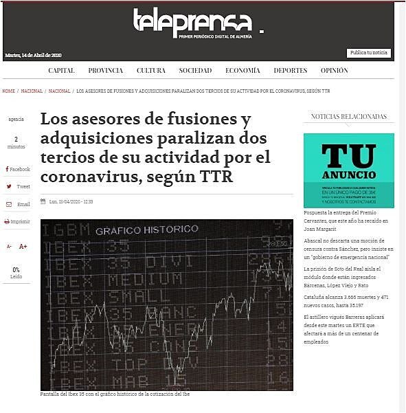 Los asesores de fusiones y adquisiciones paralizan dos tercios de su actividad por el coronavirus, segn TTR